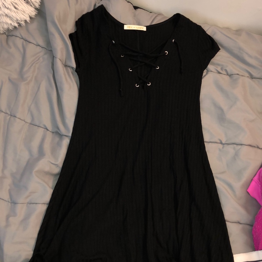 Black ribbed t shirt dress with lace up detail